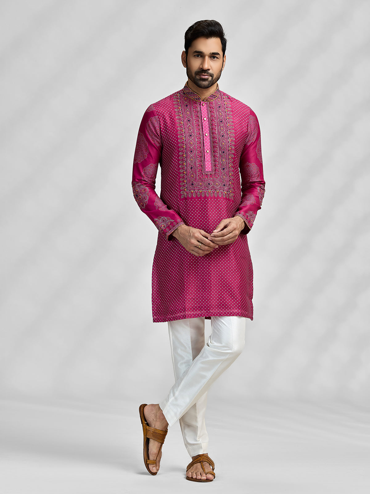 Magenta silk bandhani embroidered festive kurta suit