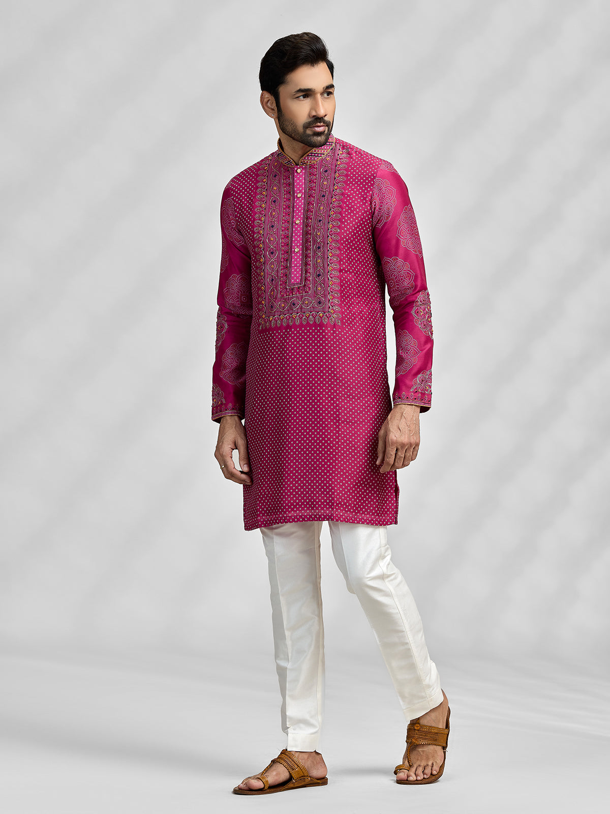 Magenta silk bandhani embroidered festive kurta suit