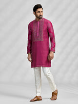 Magenta silk bandhani embroidered festive kurta suit