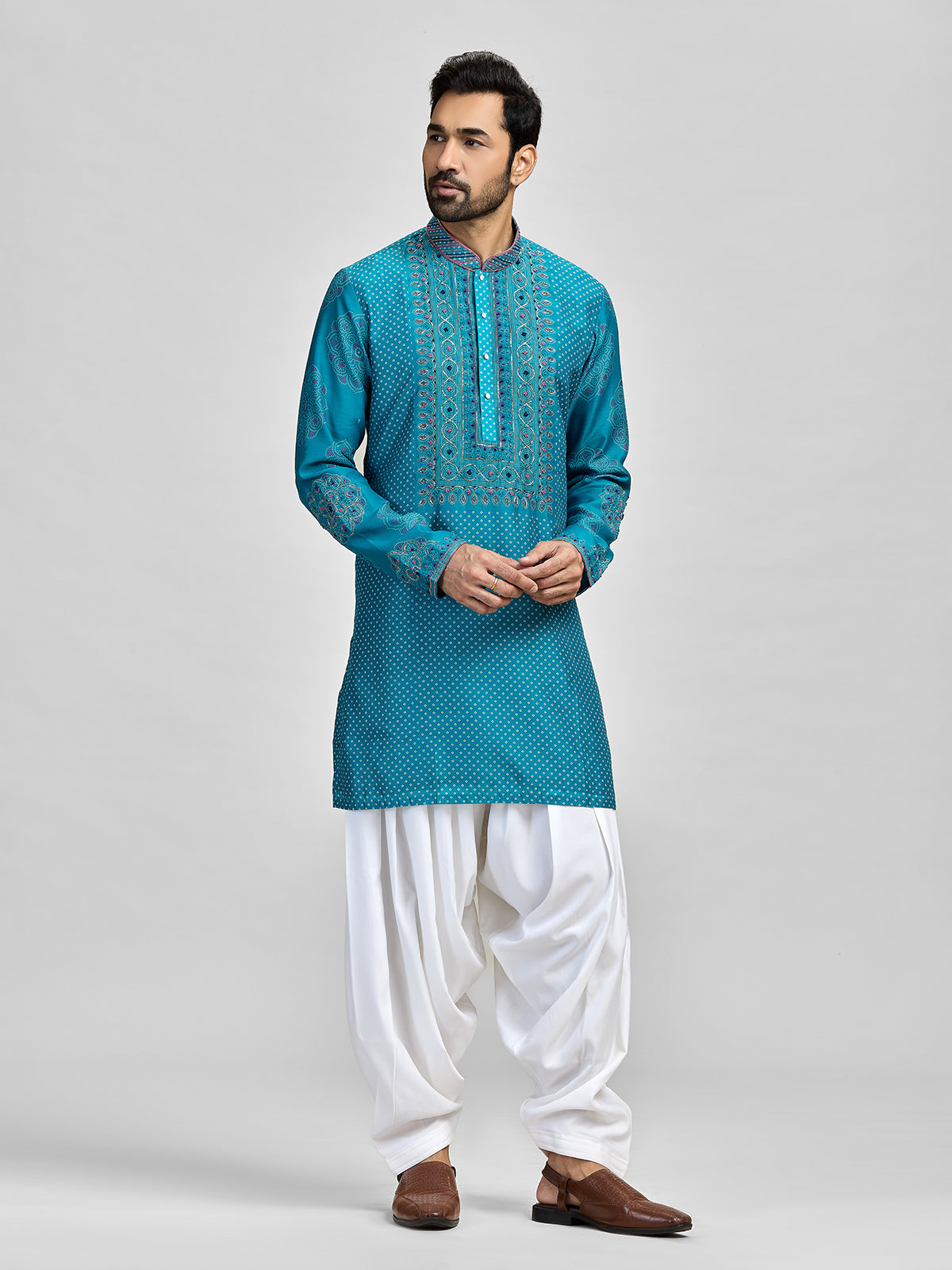 Blue silk bandhani salwar embroidered celebration ensemble