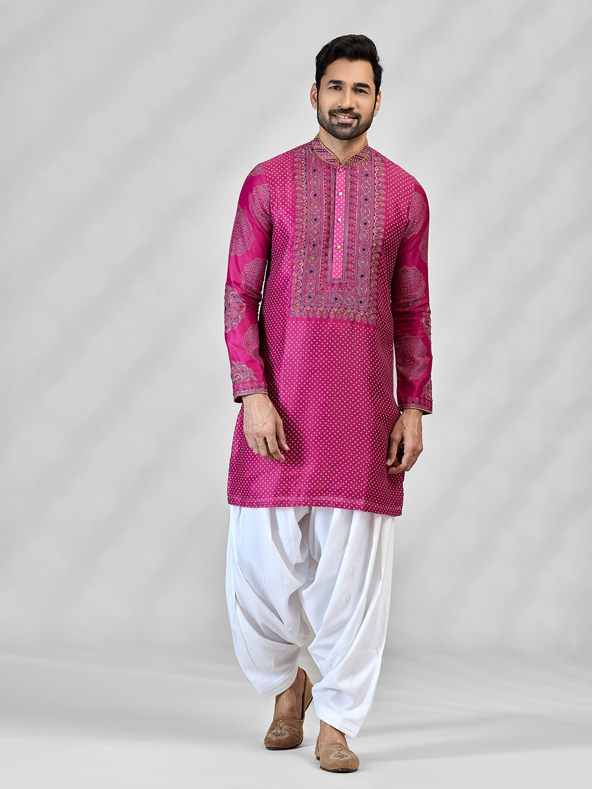 Magenta pink silk bandhani artistic celebration attire