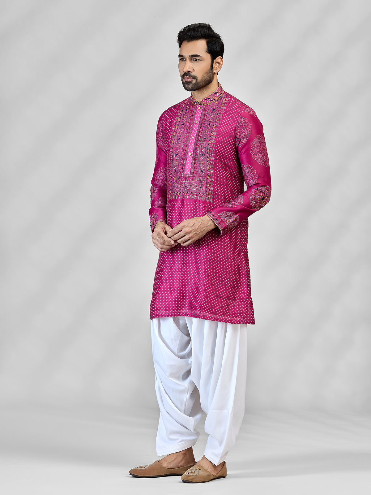 Magenta pink silk bandhani artistic celebration attire