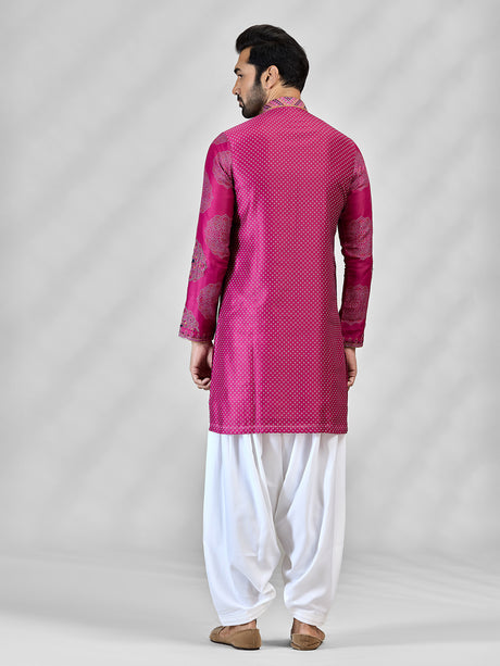 Magenta pink silk bandhani artistic celebration attire