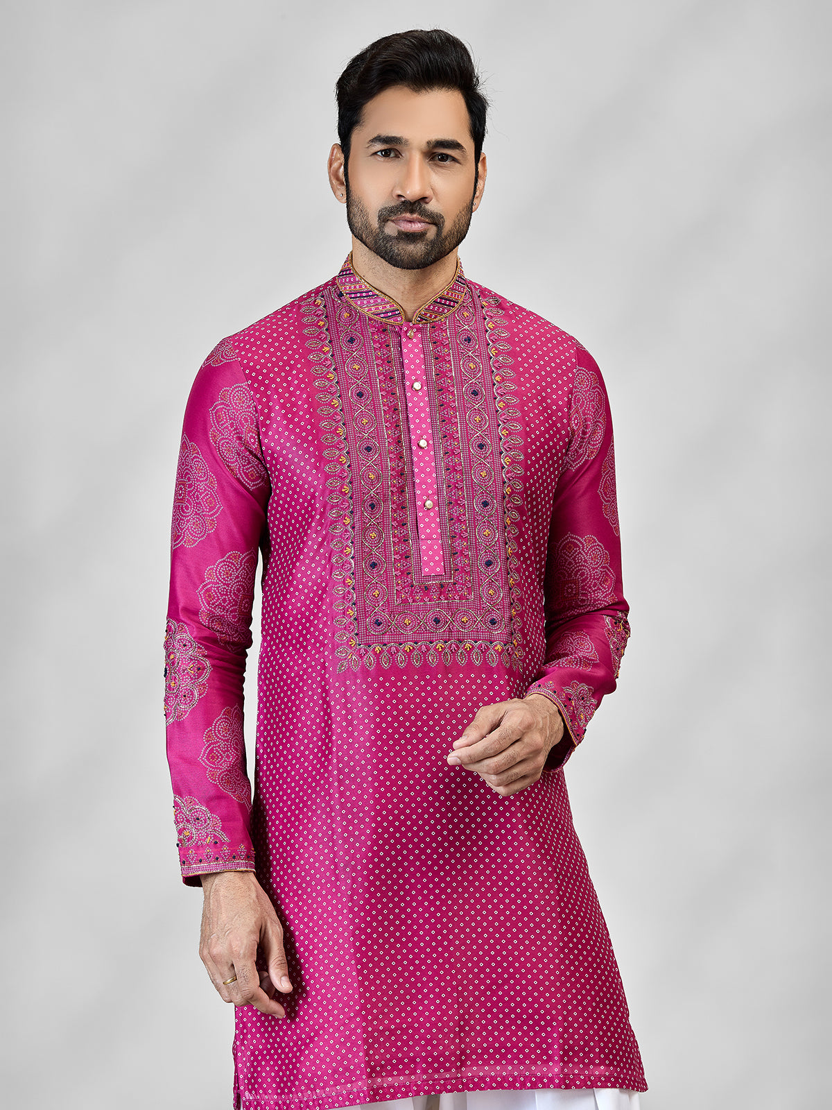 Magenta pink silk bandhani artistic celebration attire