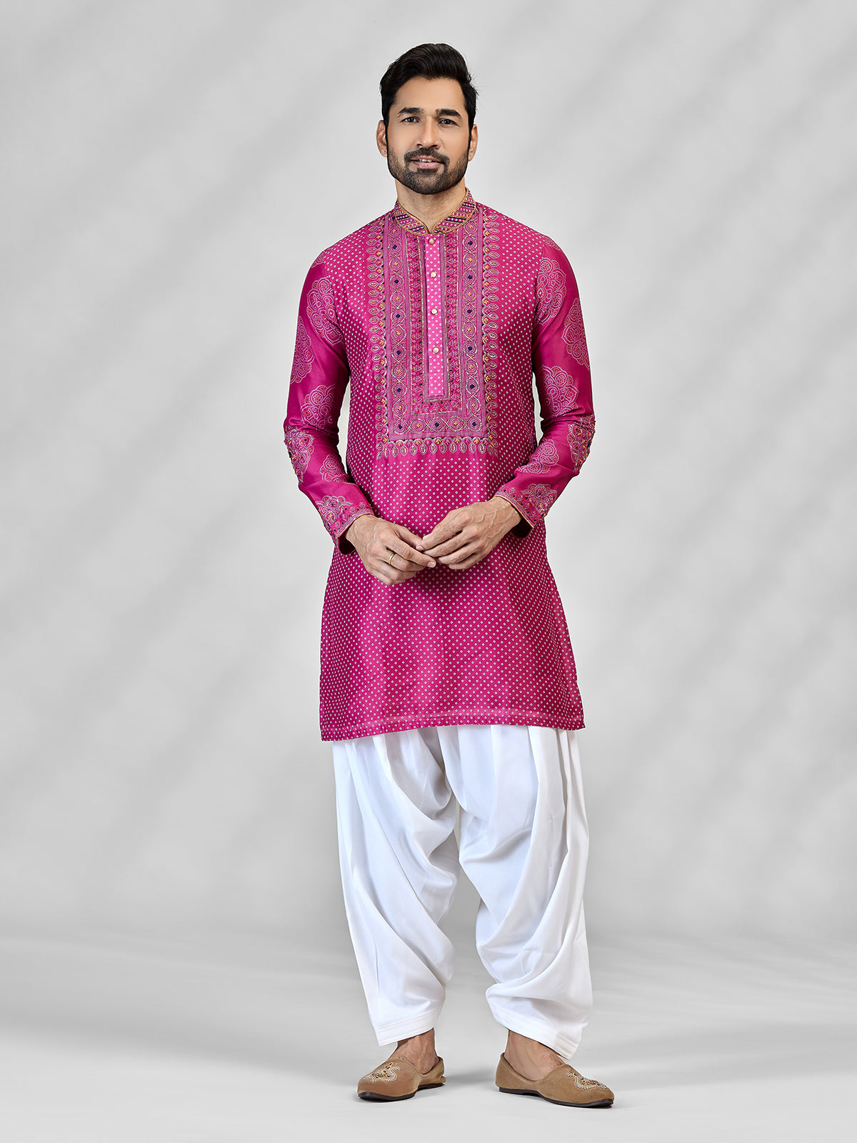 Magenta pink silk bandhani artistic celebration attire