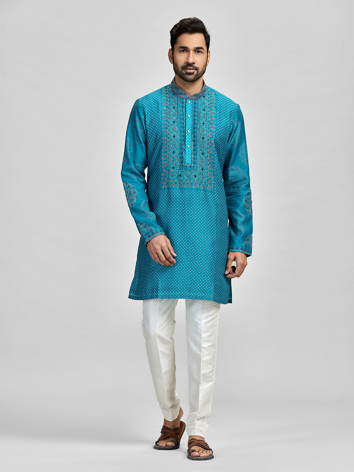 Blue silk bandhani embroidered festive kurta suit
