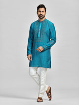 Blue silk bandhani embroidered festive kurta suit