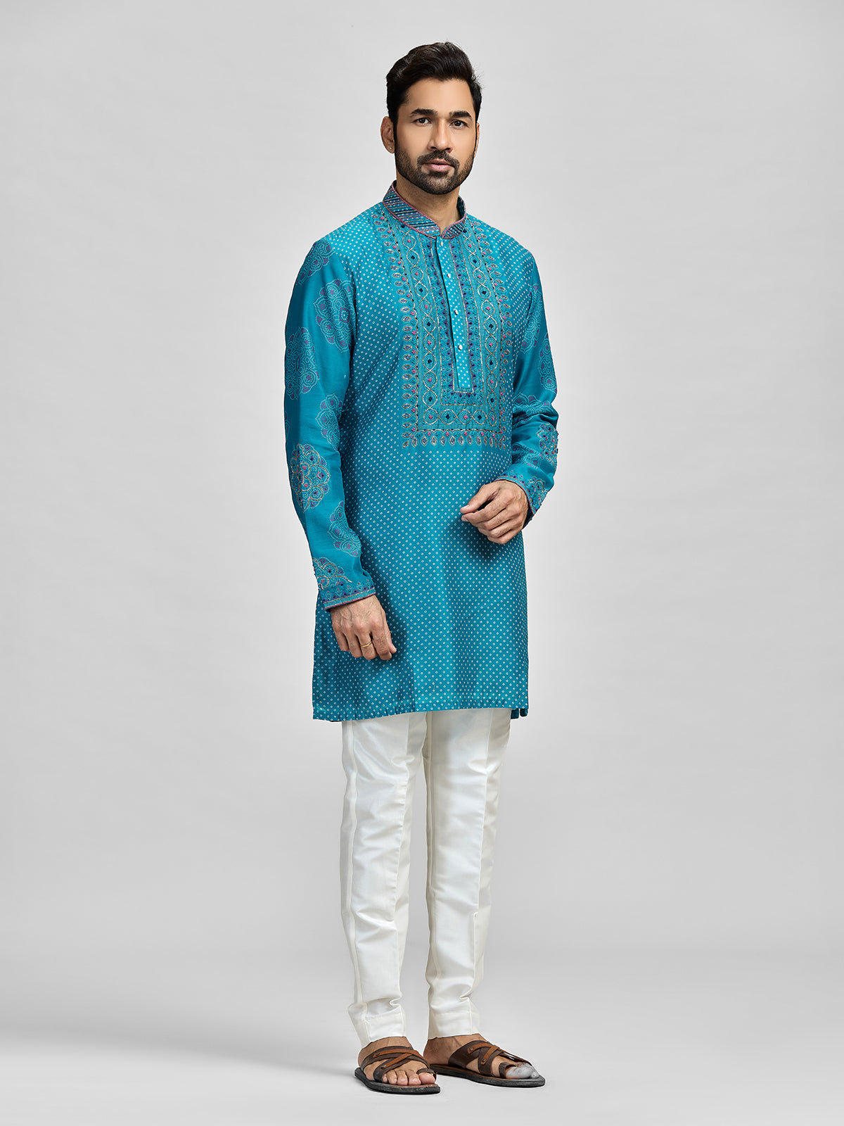 Blue silk bandhani embroidered festive kurta suit