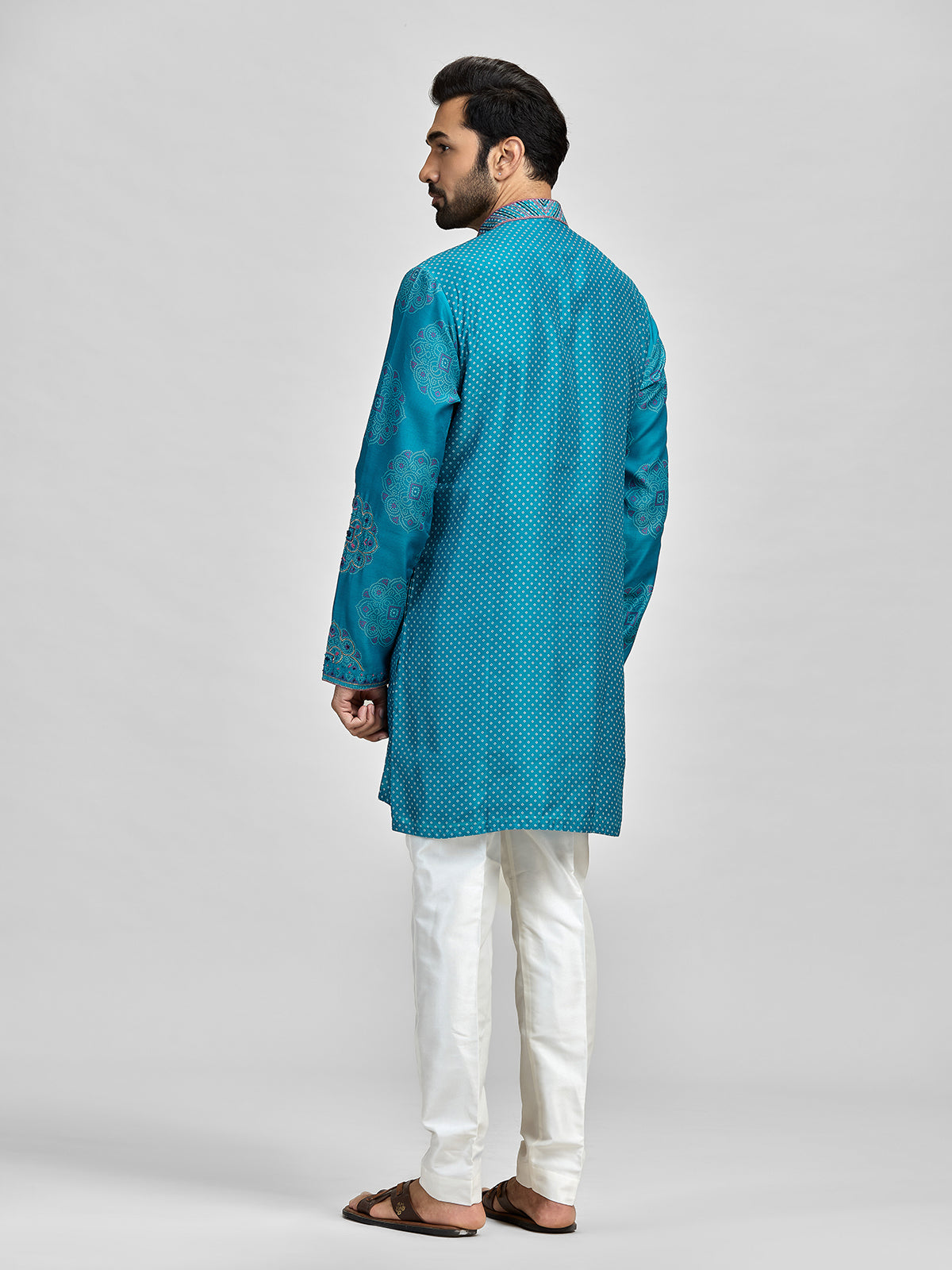Blue silk bandhani embroidered festive kurta suit