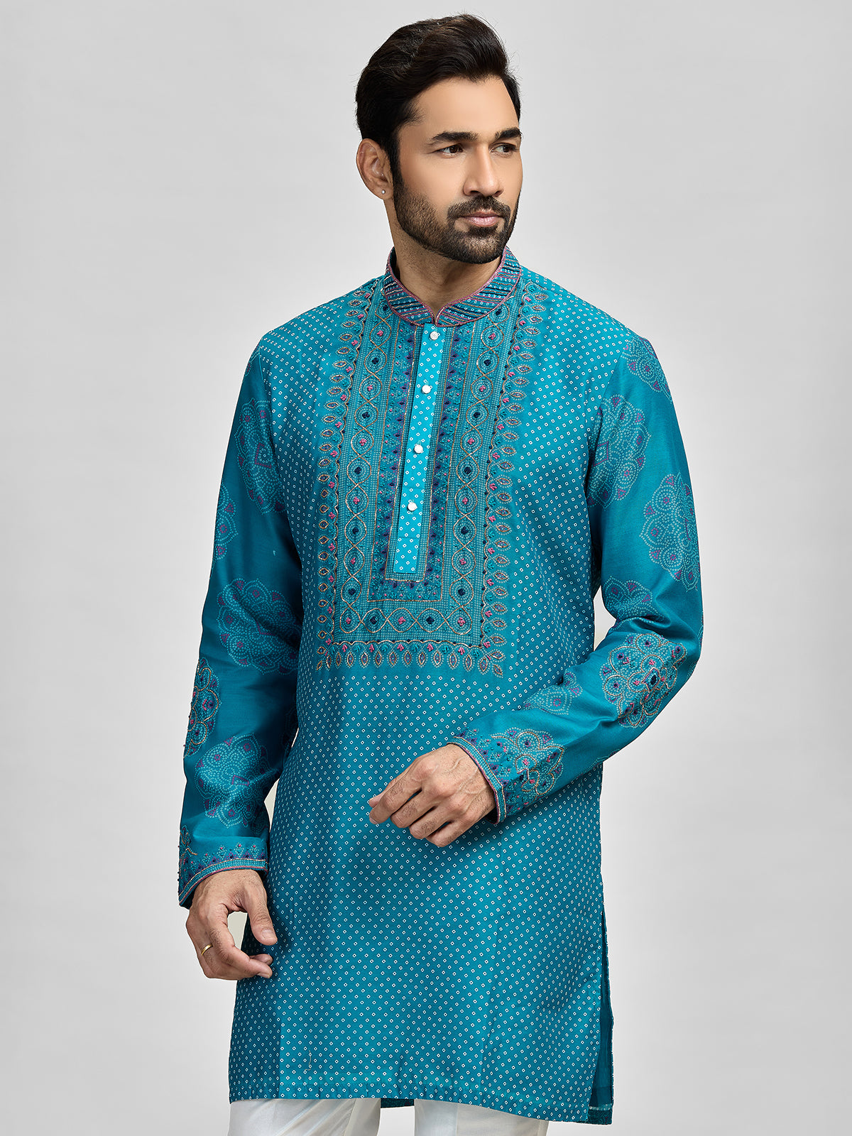 Blue silk bandhani embroidered festive kurta suit