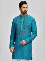 Blue silk bandhani embroidered festive kurta suit