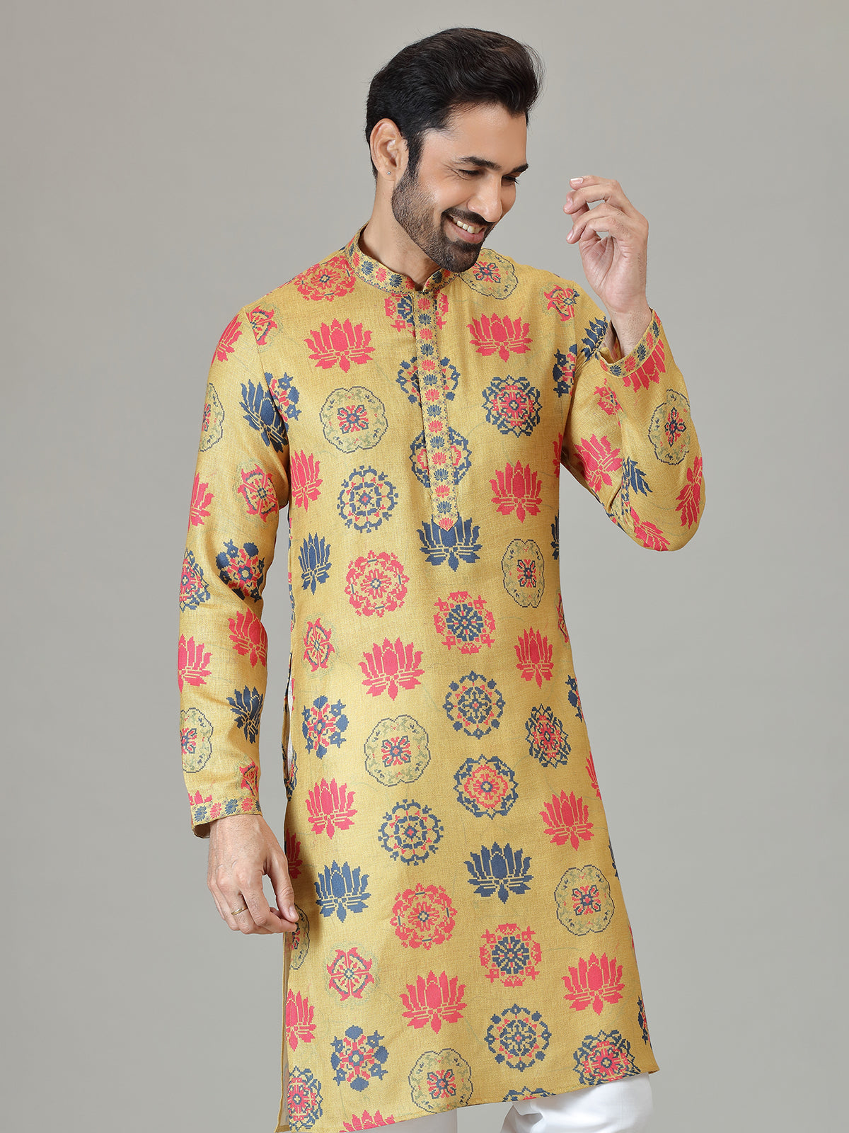 Mustard cotton linen lotus digital print kurta suit