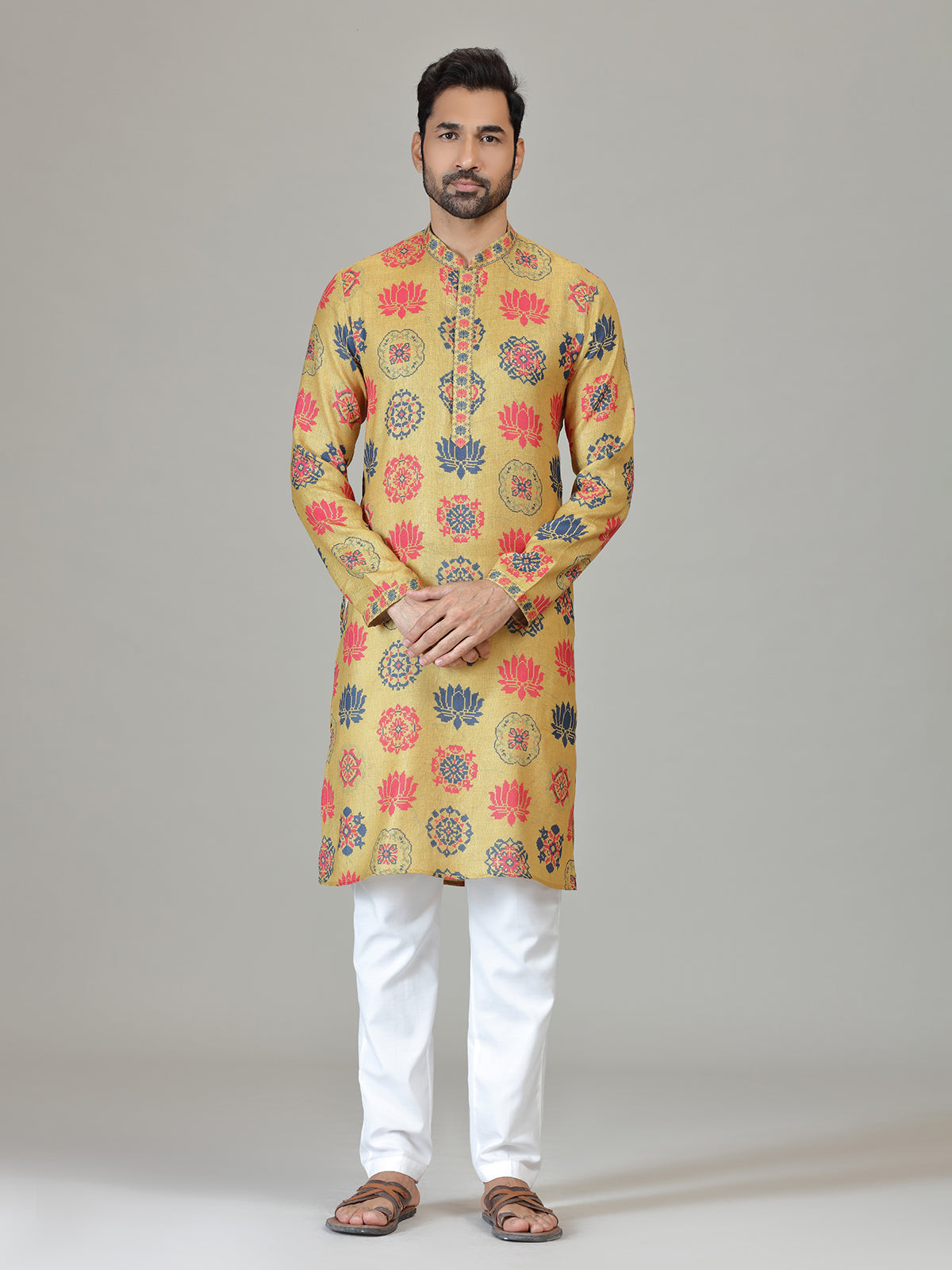 Mustard cotton linen lotus digital print kurta suit