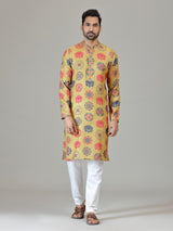 Mustard cotton linen lotus digital print kurta suit