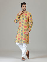 Mustard cotton linen lotus digital print kurta suit