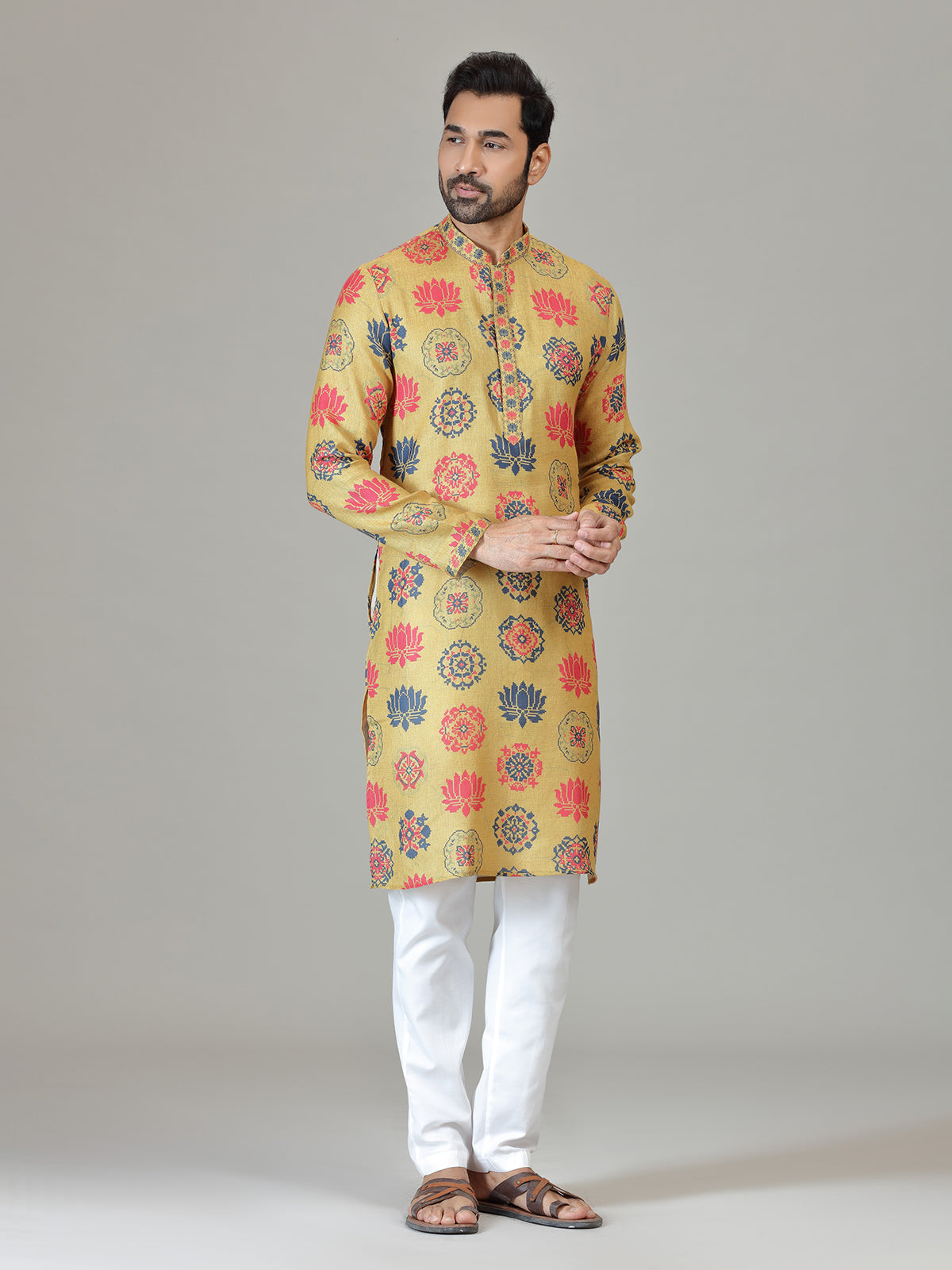 Mustard cotton linen lotus digital print kurta suit