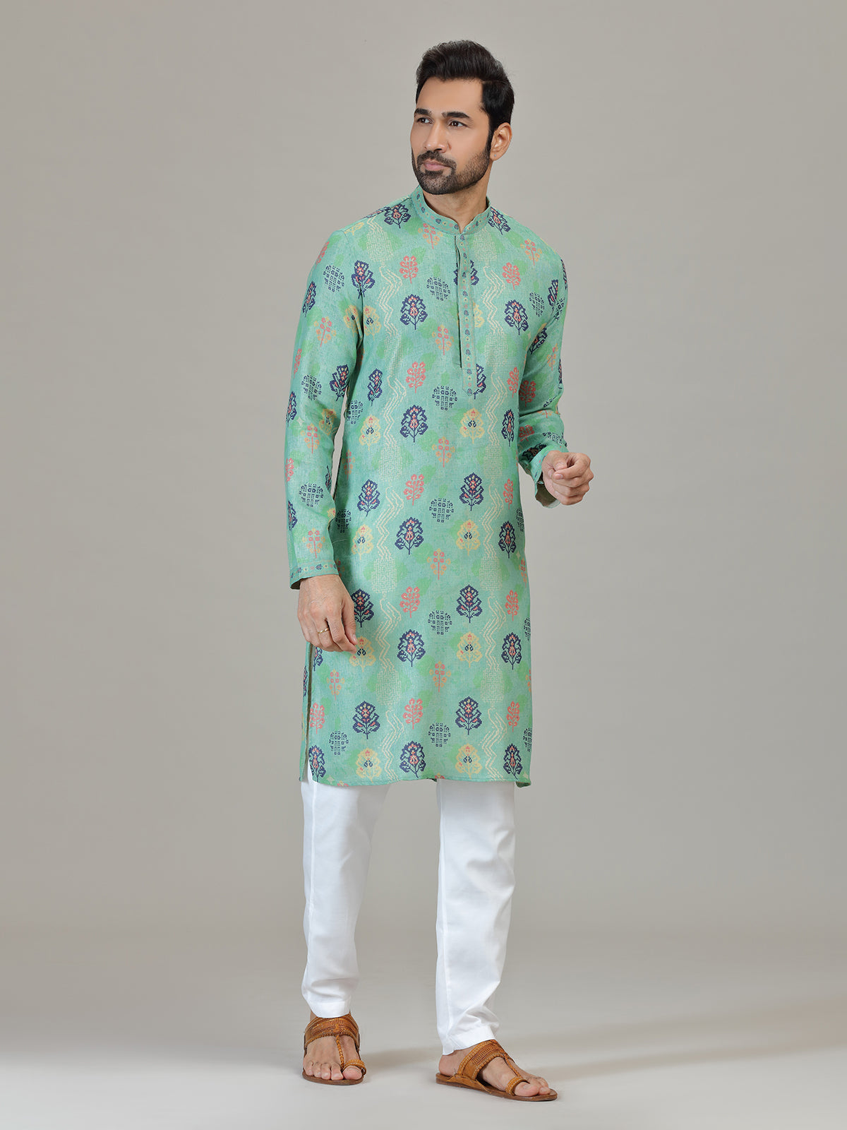 Mint blue cotton linen vibrant printed kurta suit
