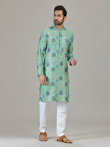 Mint blue cotton linen vibrant printed kurta suit
