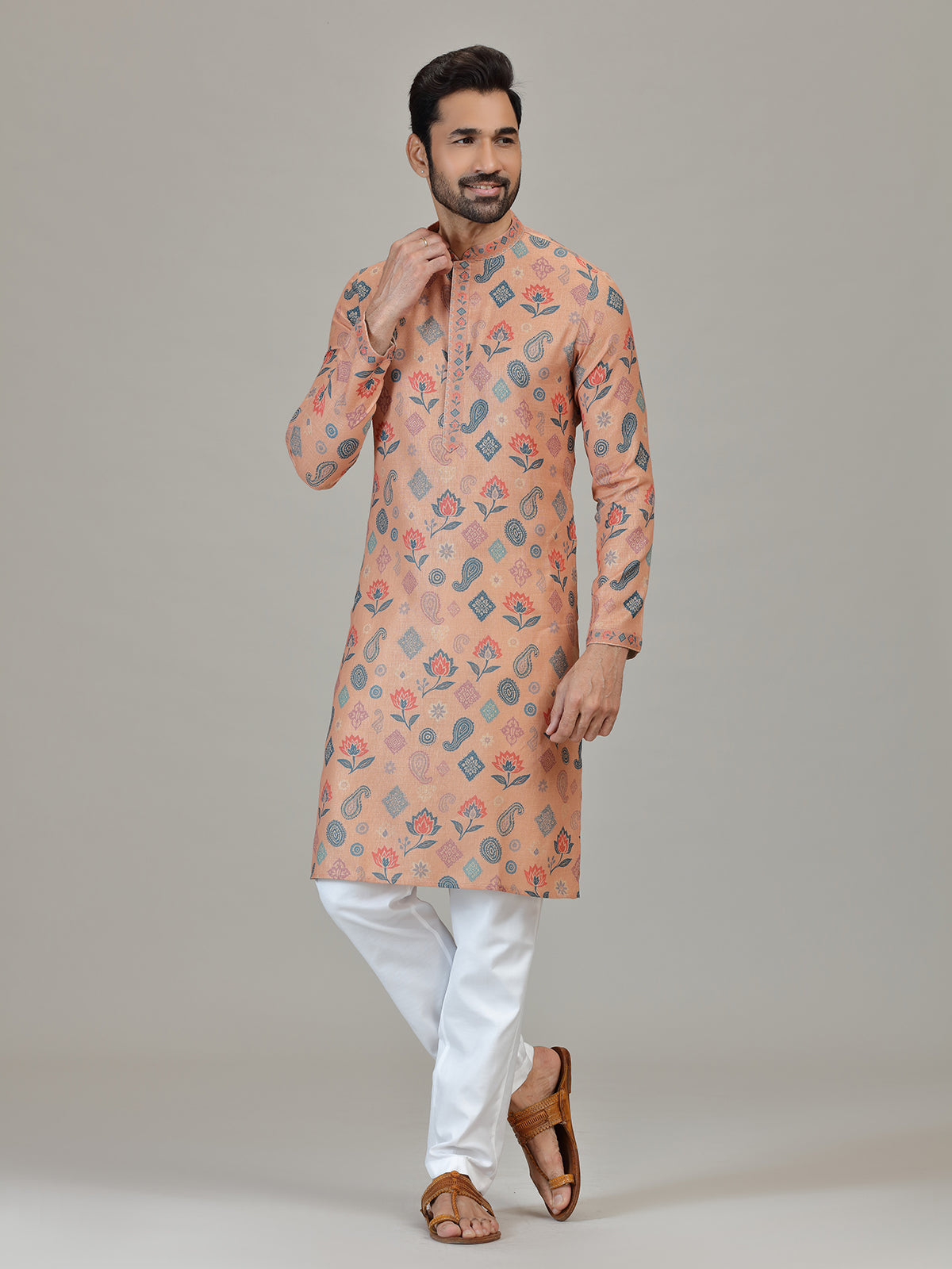 Peach cotton linen paisley floral festive attire