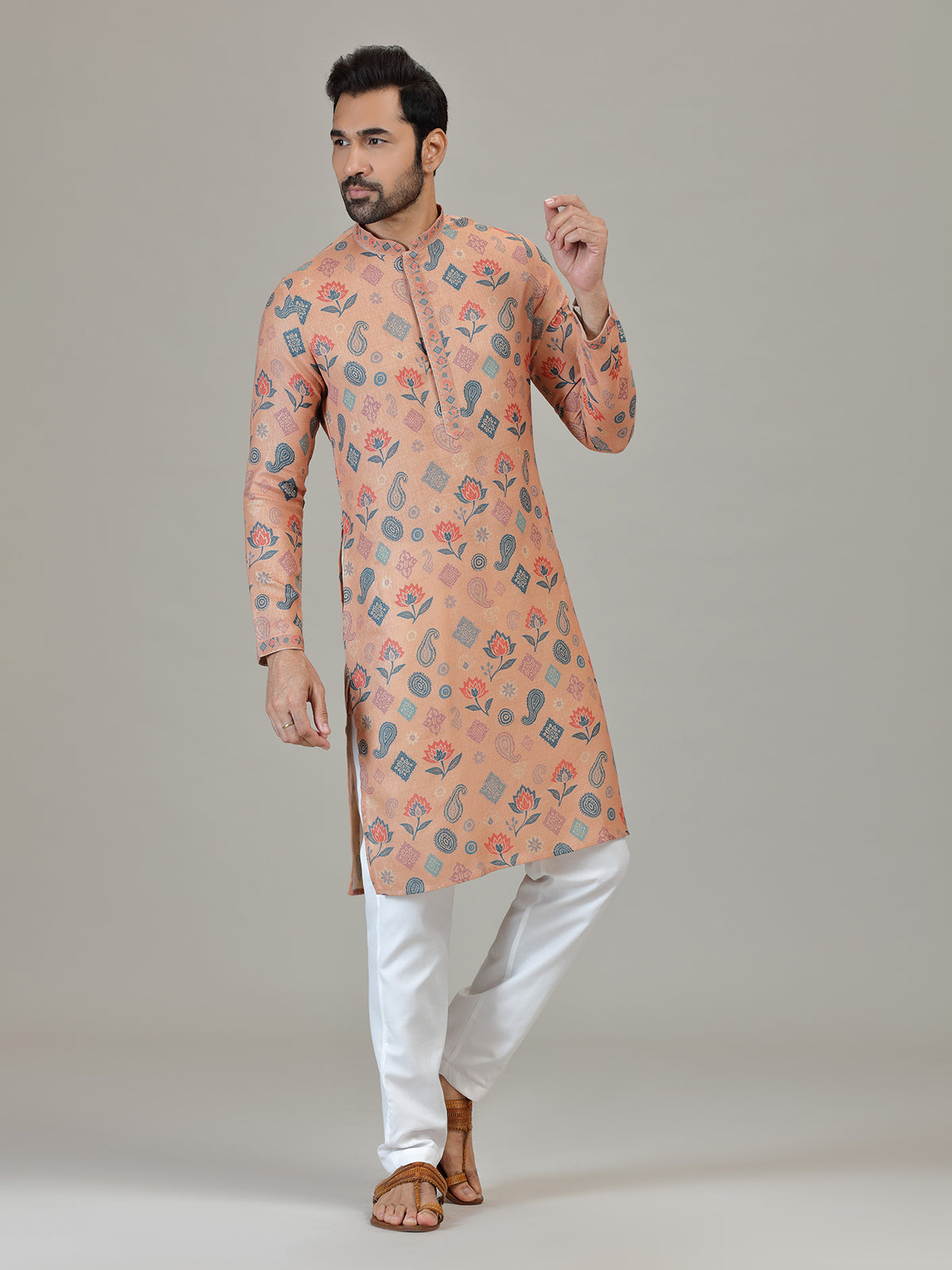 Peach cotton linen paisley floral festive attire