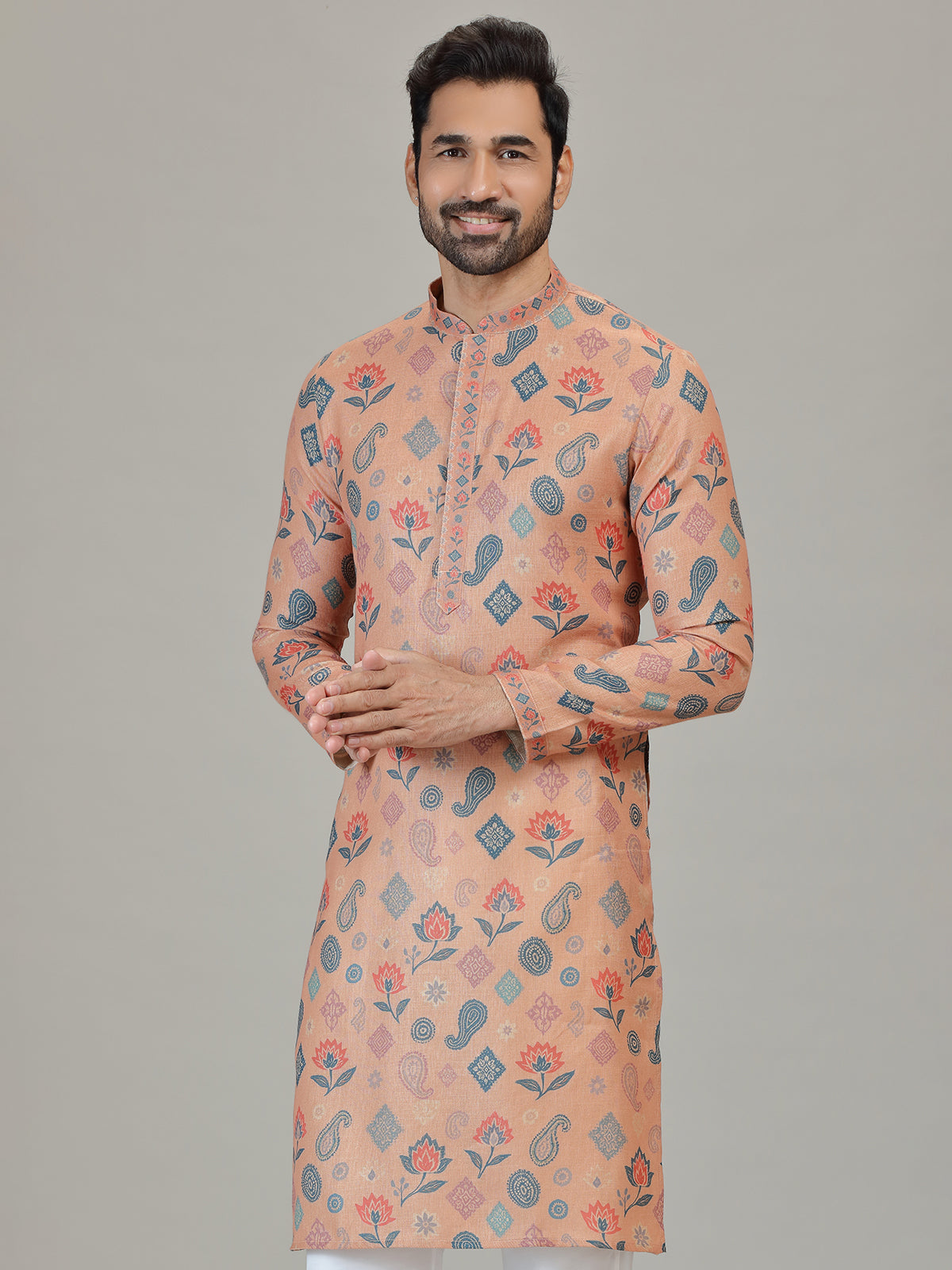Peach cotton linen paisley floral festive attire