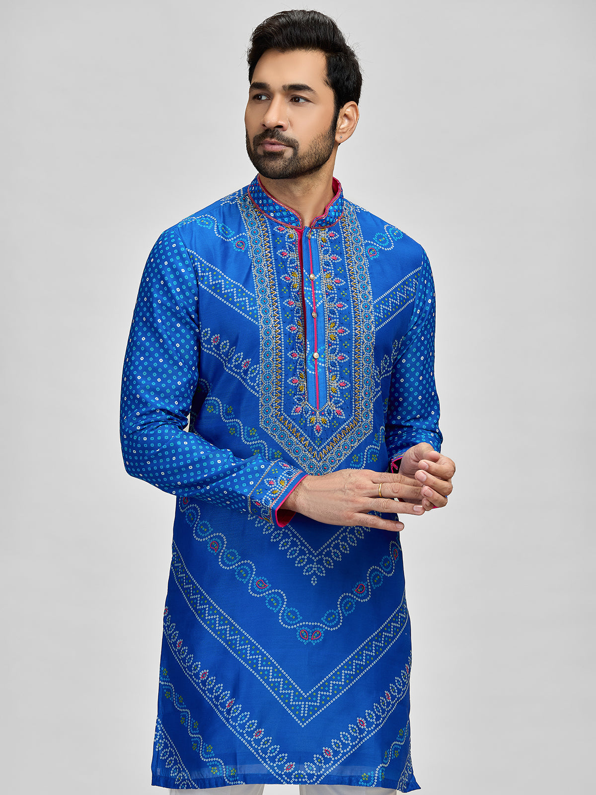 Blue silk bandhani aari and pitta kurta set