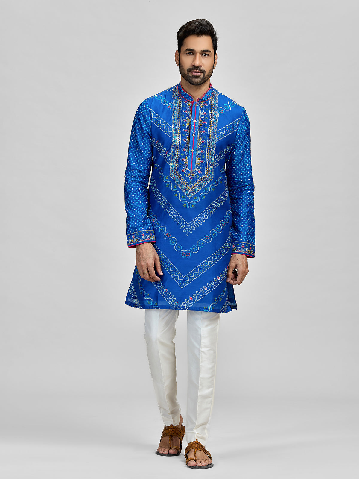 Blue silk bandhani aari and pitta kurta set