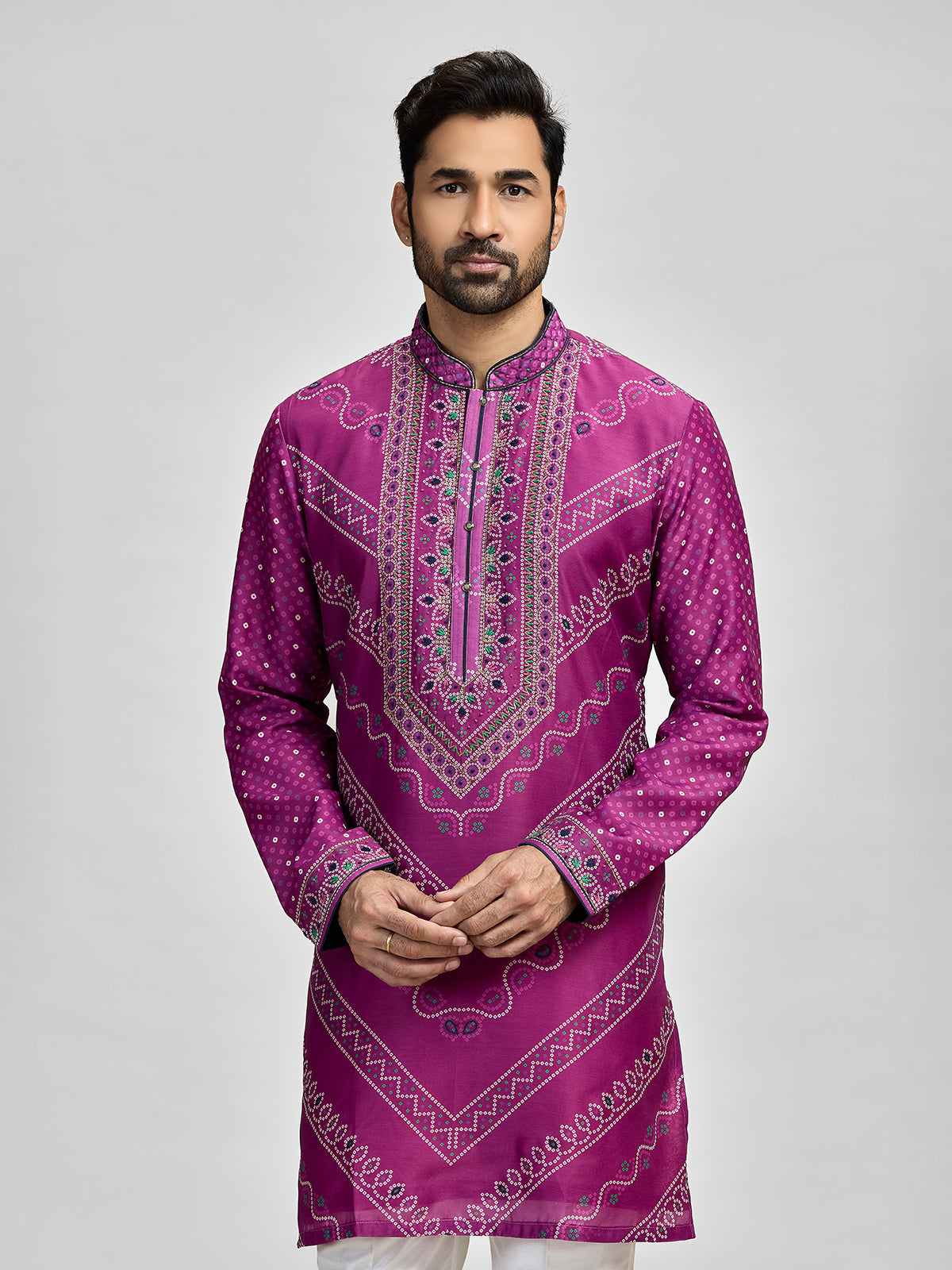 Purple silk embroidered bandhani festive kurta suit
