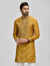 Yellow silk haldi bandhani embroidered kurta ensemble