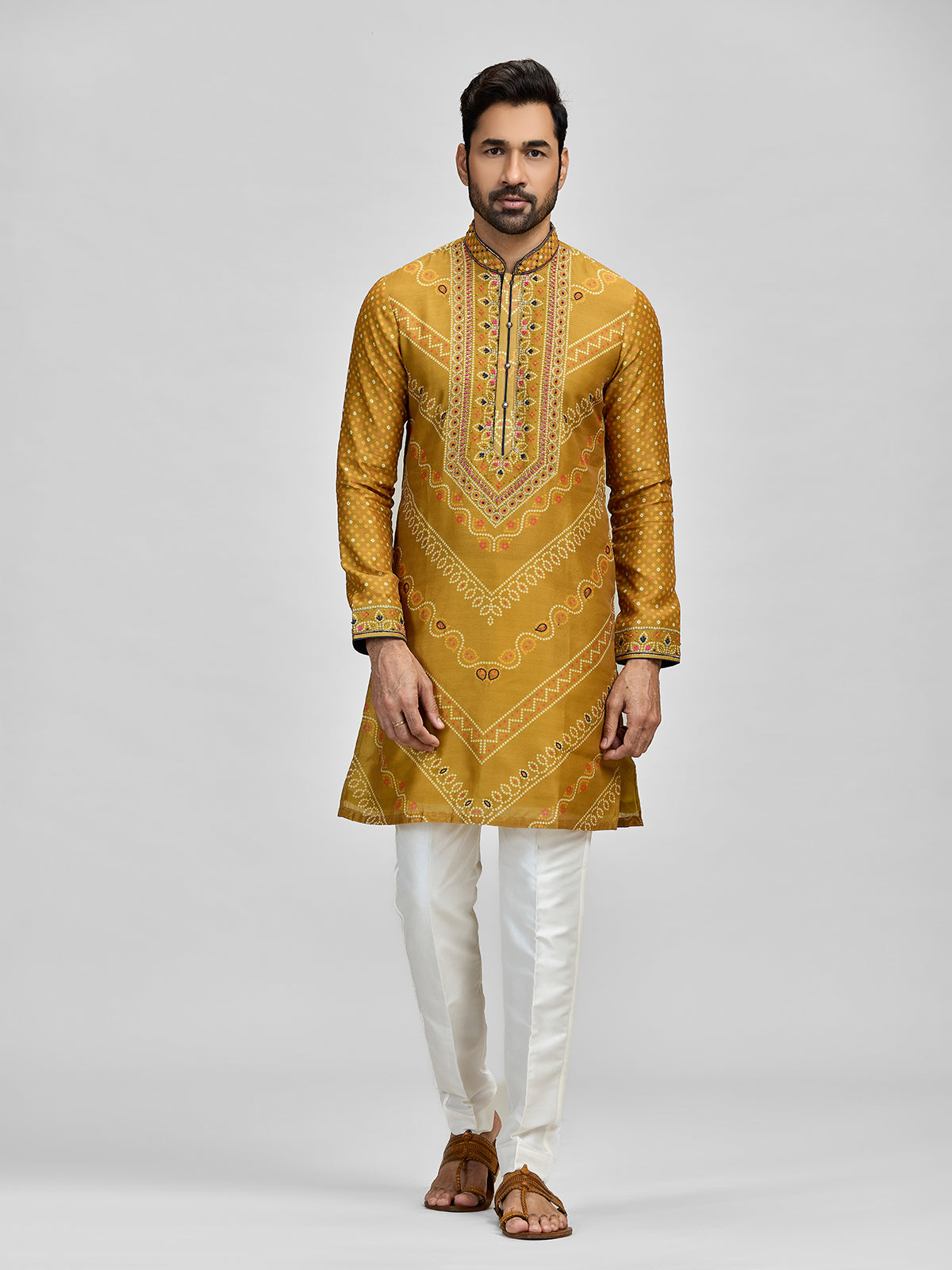 Yellow silk haldi bandhani embroidered kurta ensemble