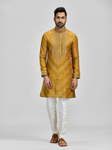 Yellow silk haldi bandhani embroidered kurta ensemble