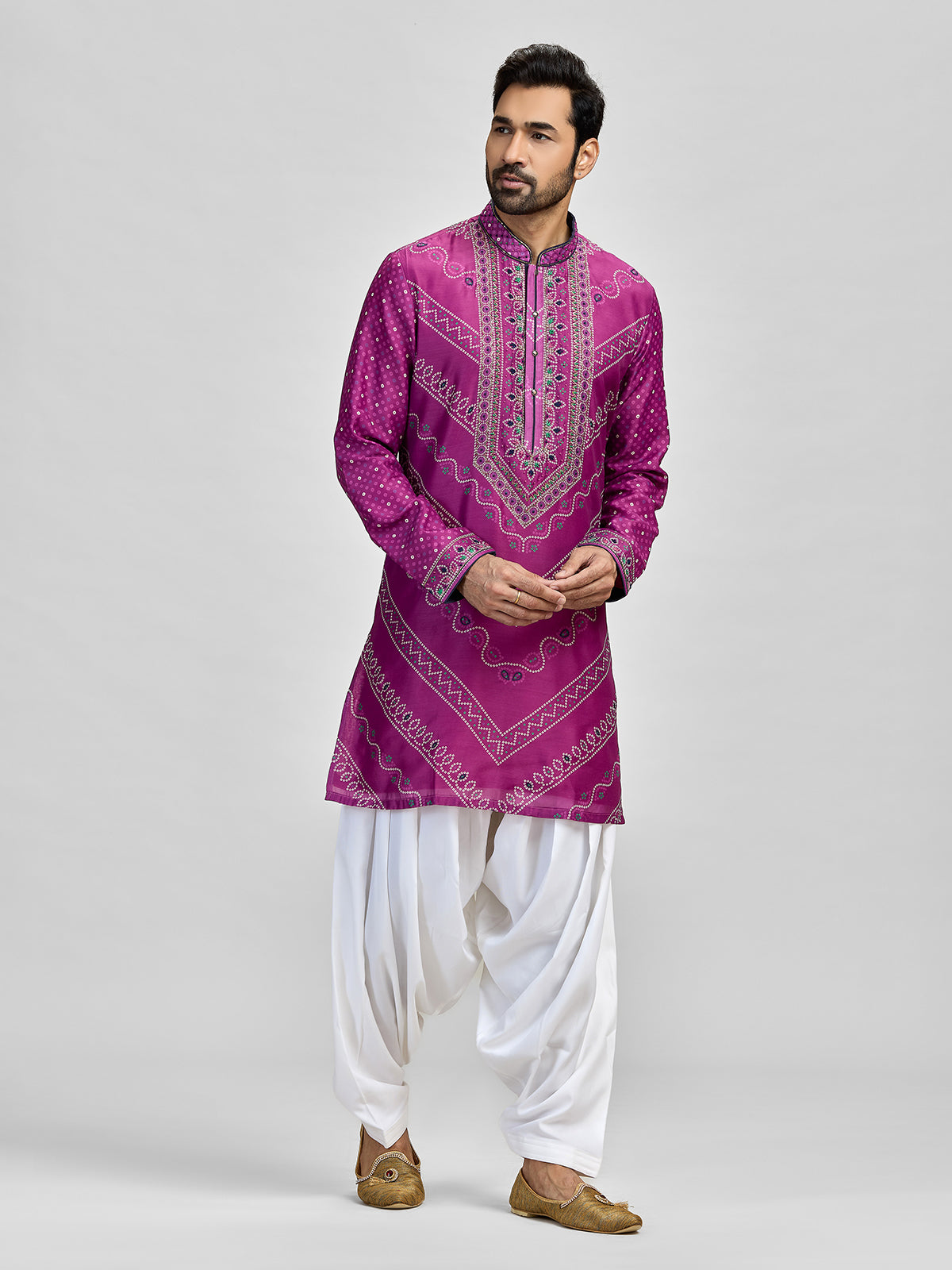 Purple silk bandhani aari salwar celebration kurta suit