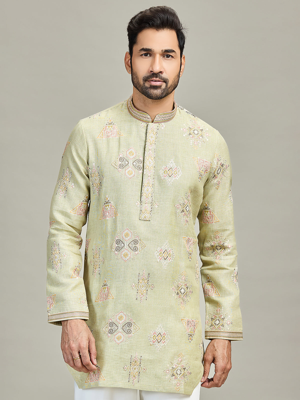 Pista linen cotton embroidered bell bottom kurta suit