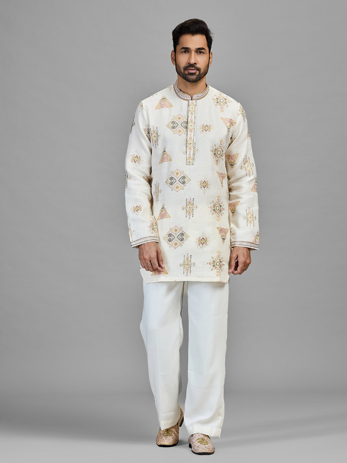 Ivory linen cotton embroidered festive kurta set