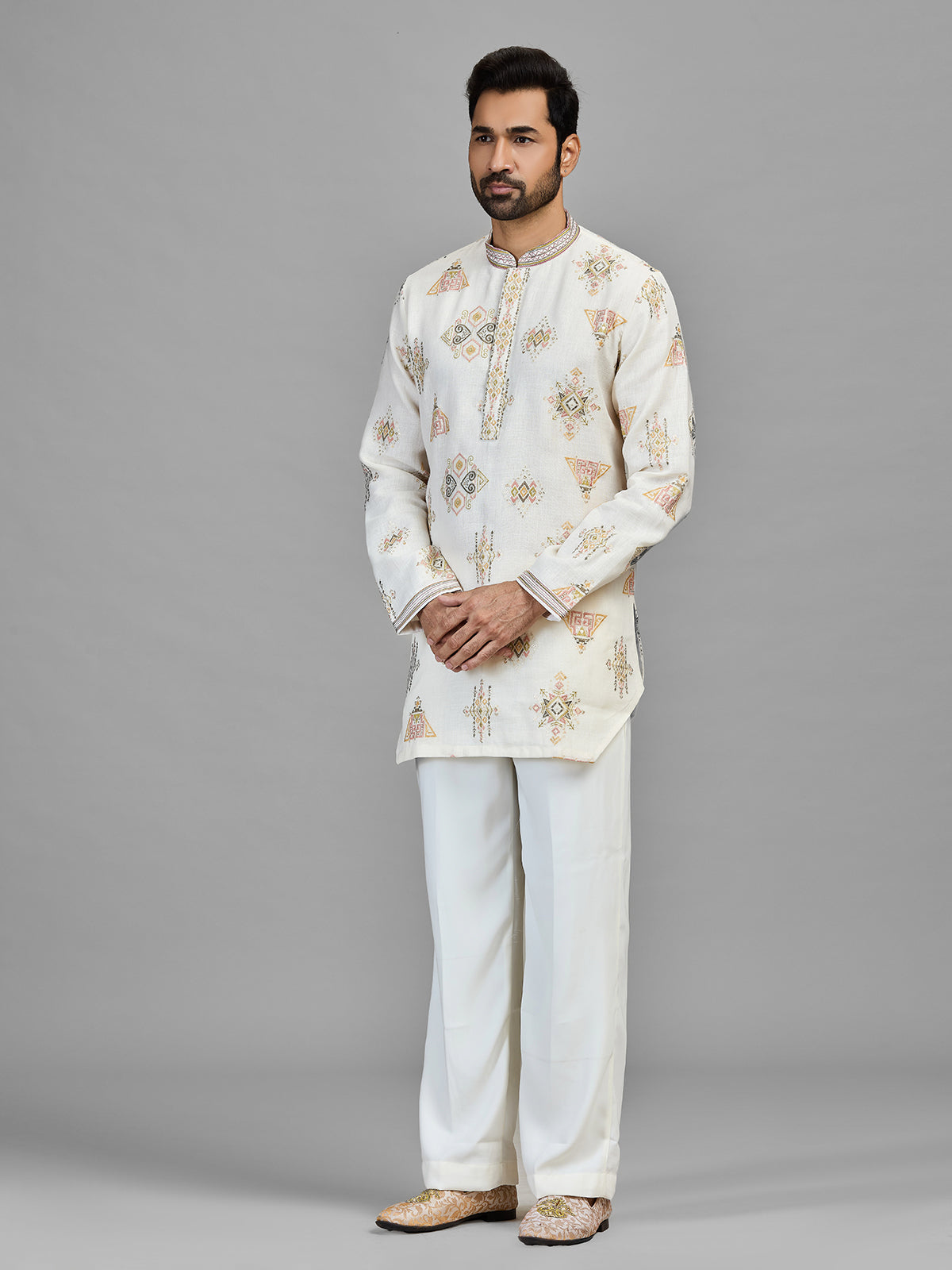 Ivory linen cotton embroidered festive kurta set