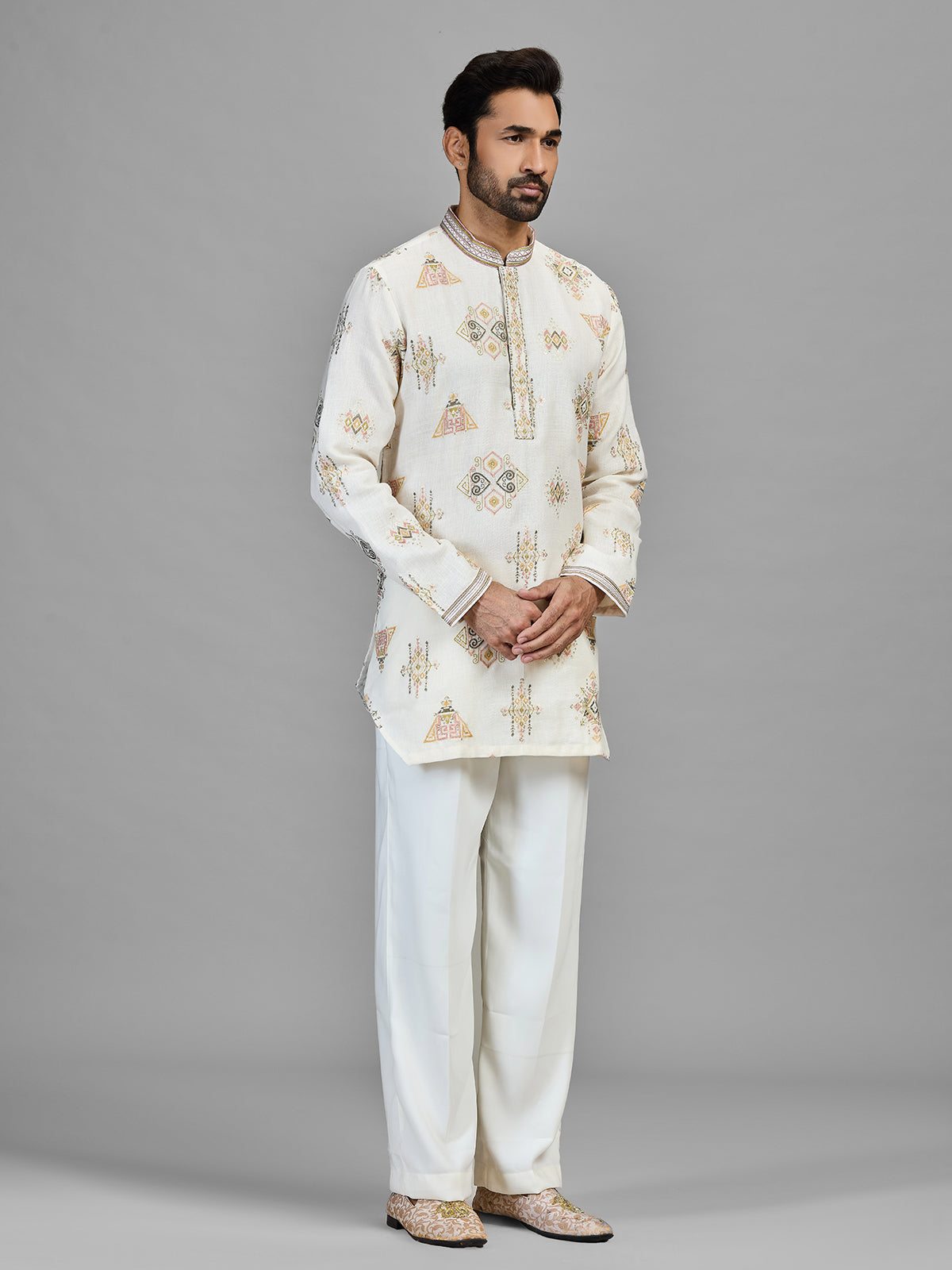 Ivory linen cotton embroidered festive kurta set