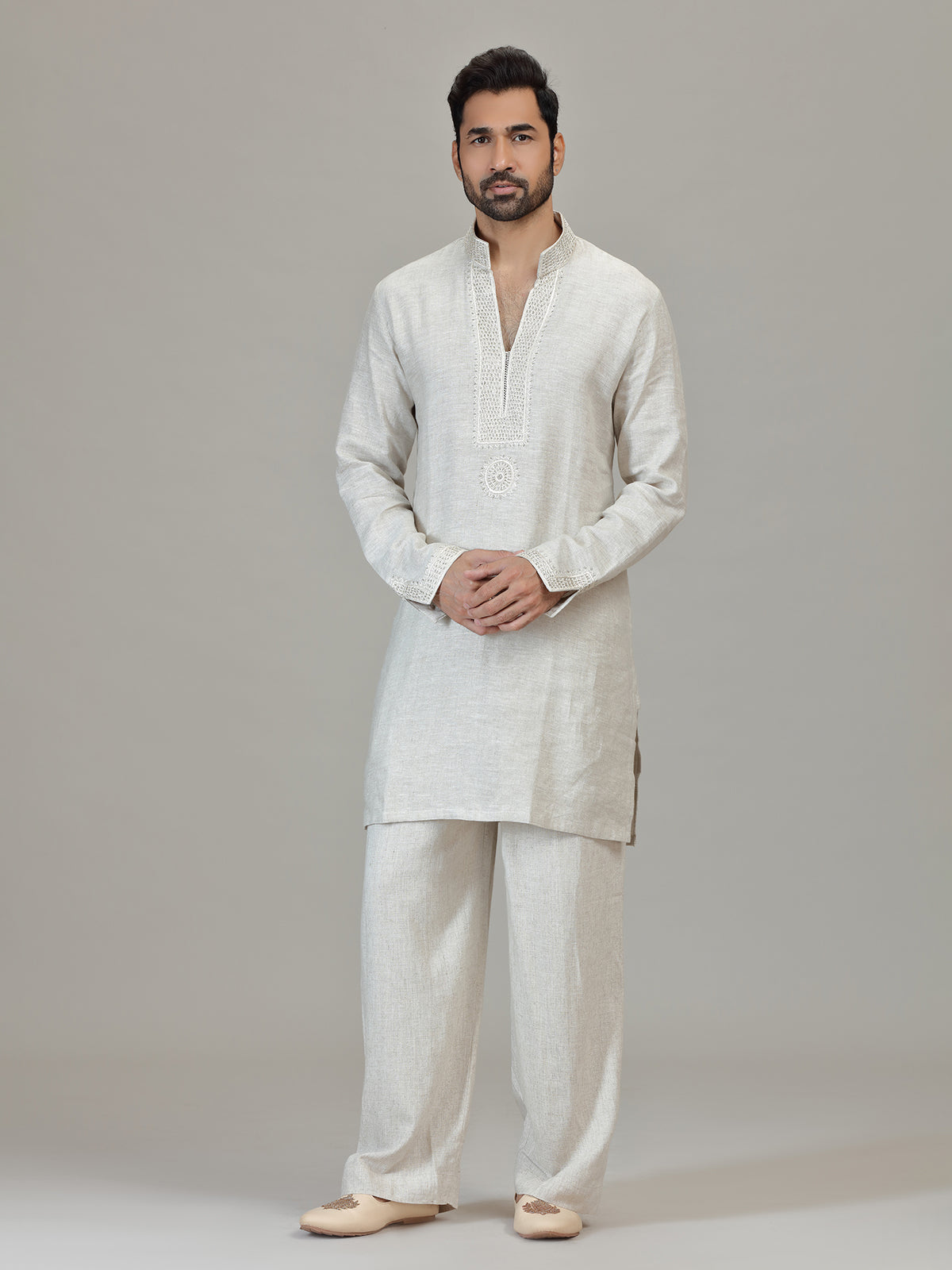 Cream linen resham embellished festive kurta ensemble