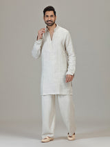 Cream linen resham embellished festive kurta ensemble