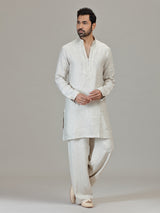 Cream linen resham embellished festive kurta ensemble