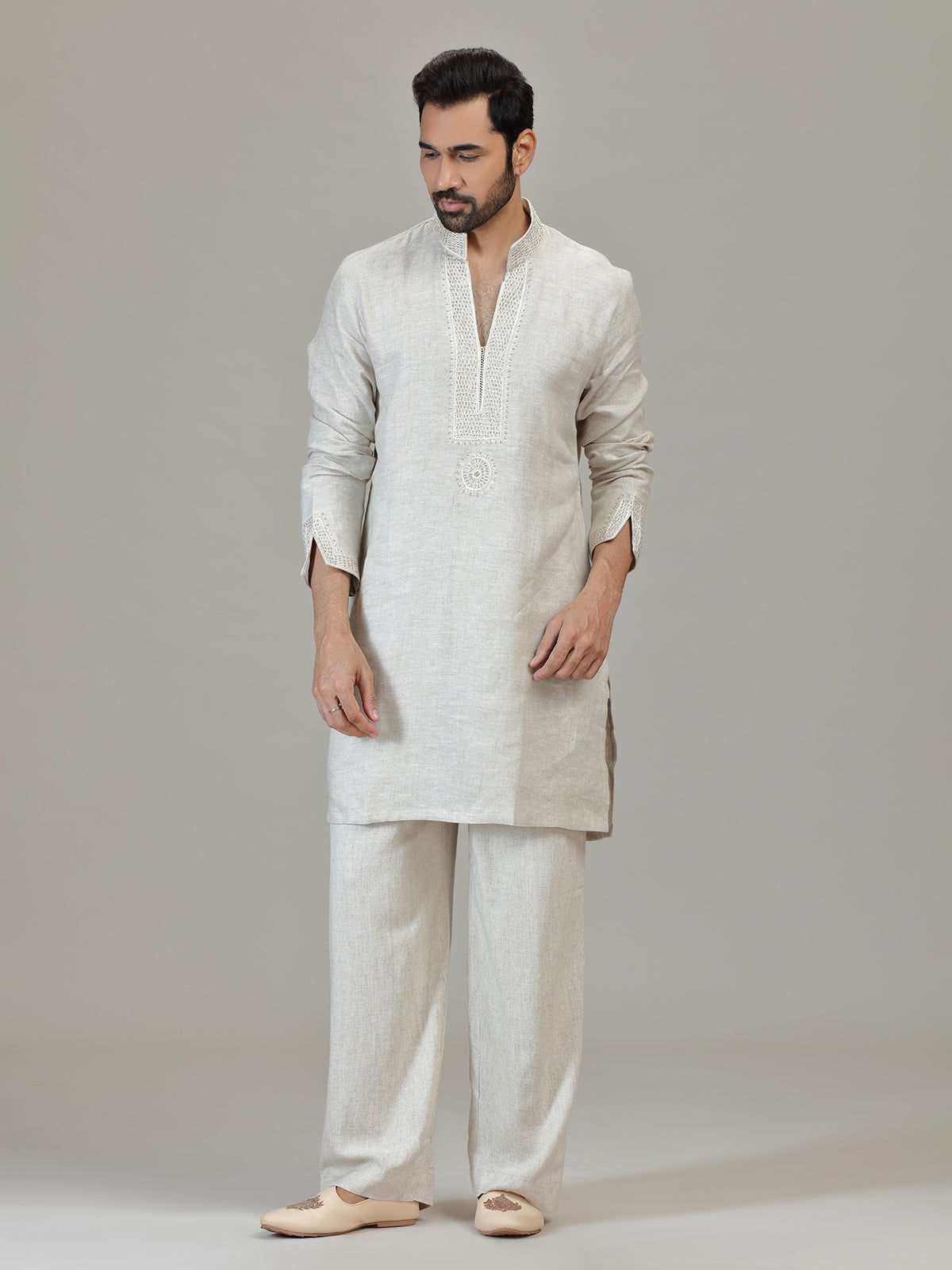 Cream linen resham embellished festive kurta ensemble
