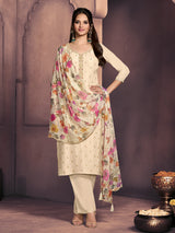 Cream silk floral festive pant ensemble