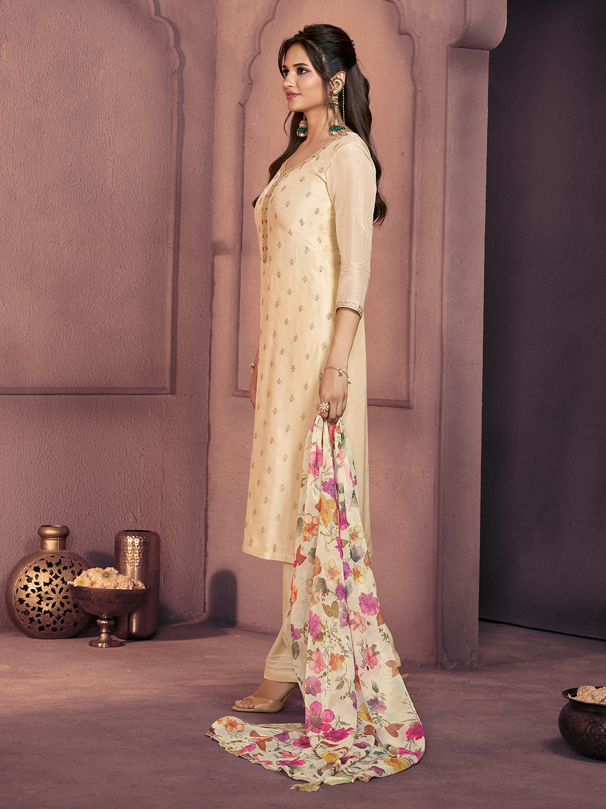 Cream silk floral festive pant ensemble