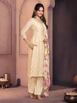 Cream silk floral festive pant ensemble