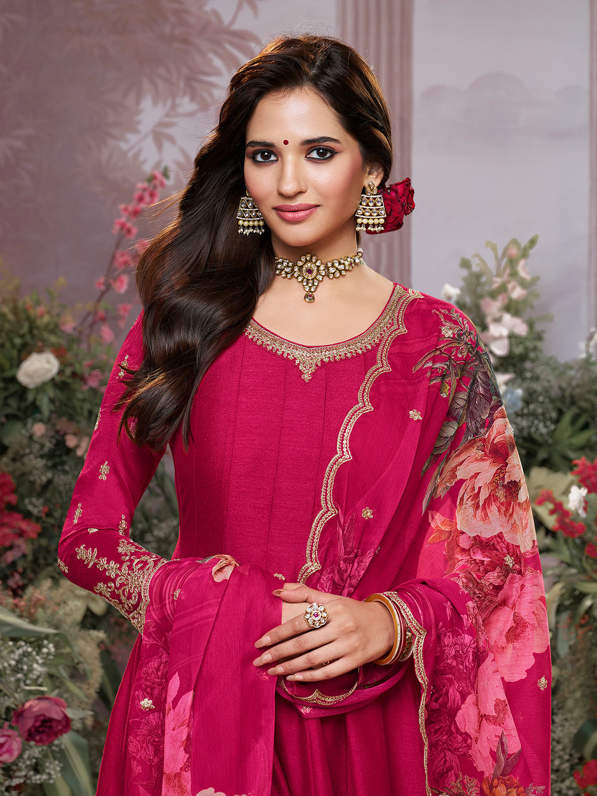 Hot pink vibrant chinon salwar suit for women
