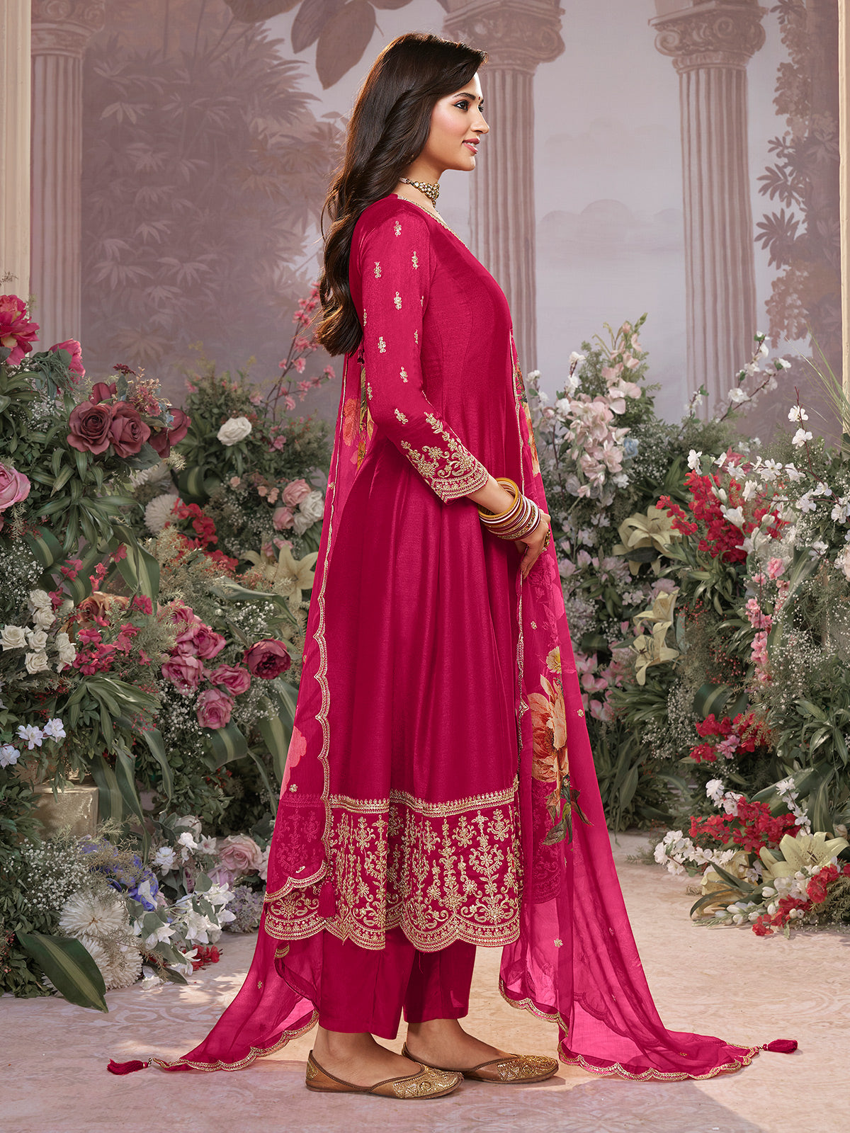 Hot pink vibrant chinon salwar suit for women