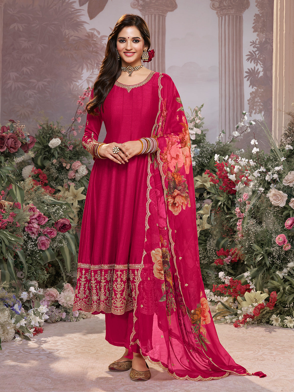 Hot pink vibrant chinon salwar suit for women