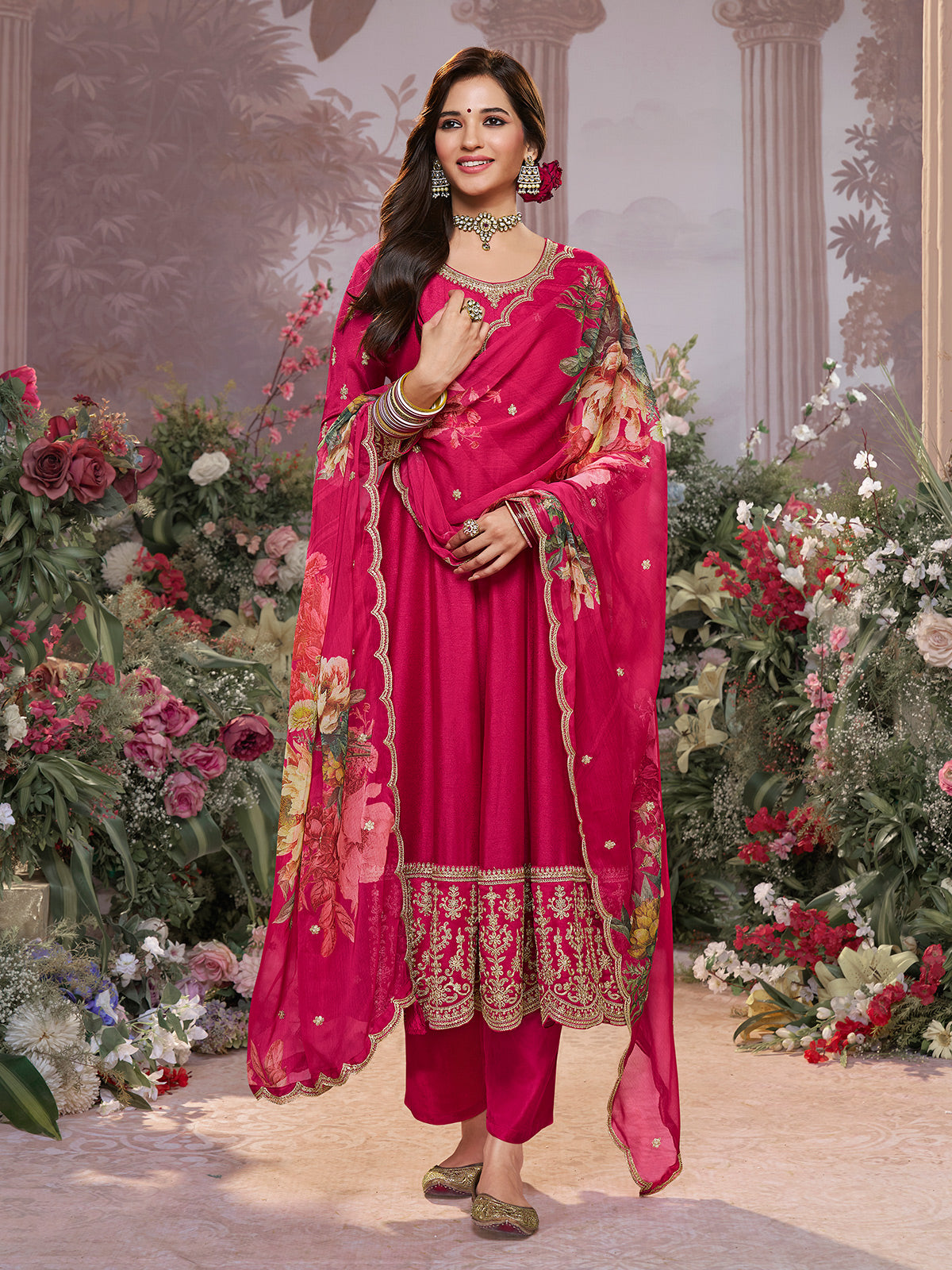 Hot pink vibrant chinon salwar suit for women
