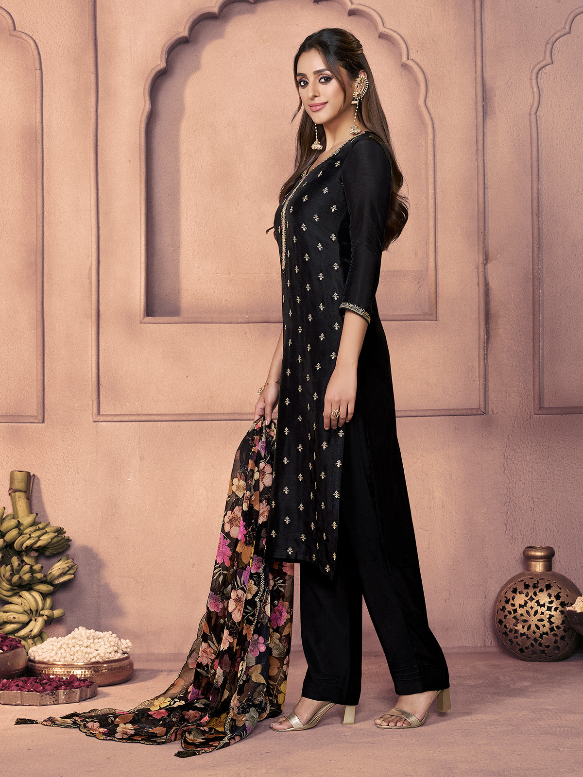 Black festive zari woven pocketed pants