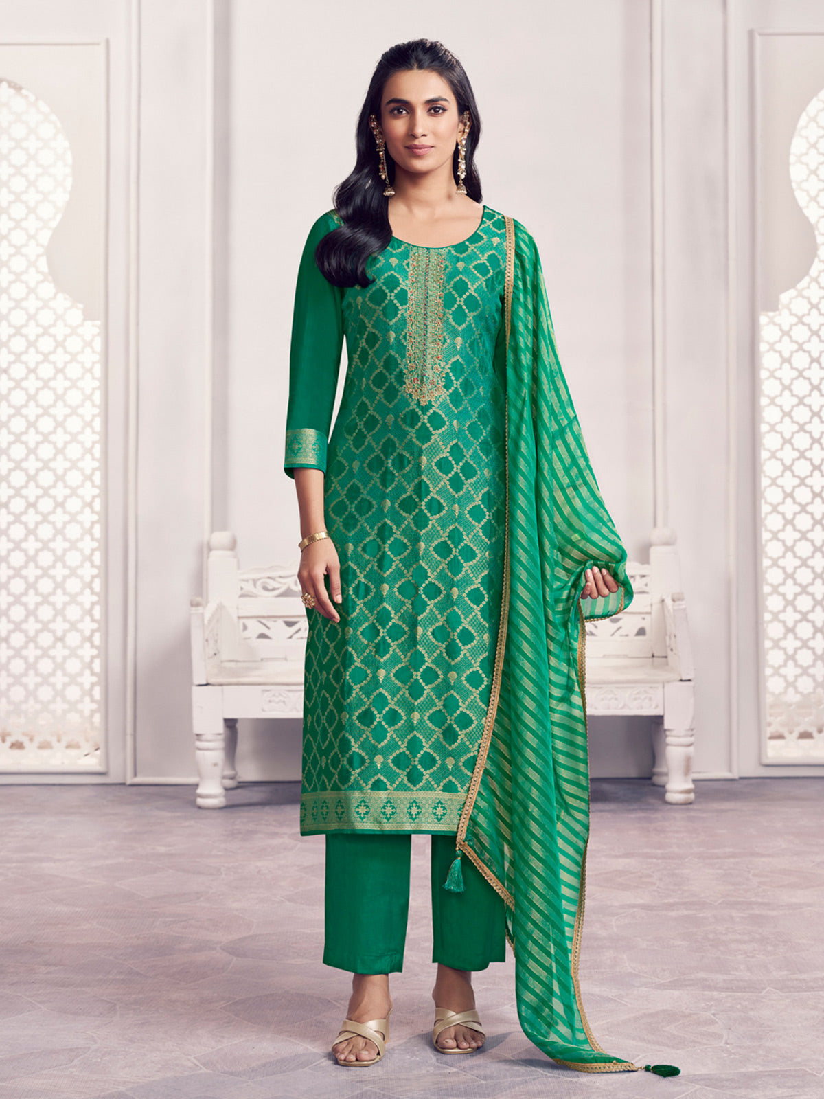 Green geometric zari silk festive drape salwar suit