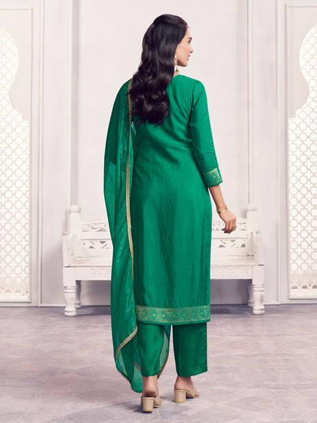 Green geometric zari silk festive drape salwar suit